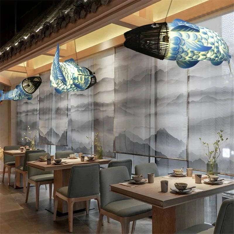 Suspension moderne en bois avec lumières gros poisson style chinois bambou créatif pour restaurant | Marco Lucetti