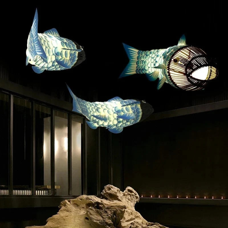 Suspension moderne en bois avec lumières gros poisson style chinois bambou créatif pour restaurant | Marco Lucetti
