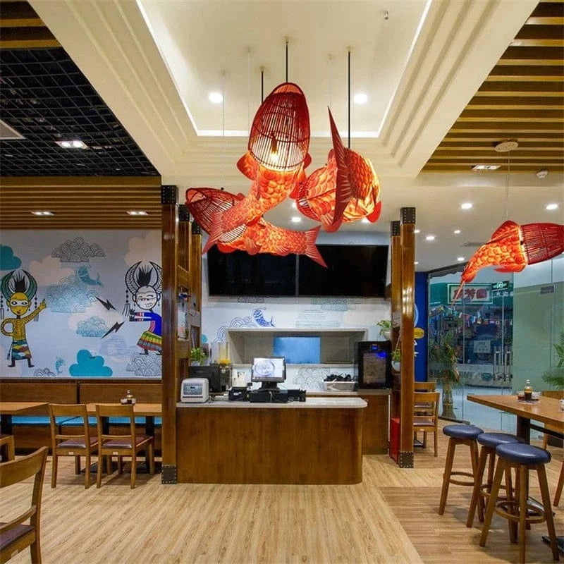Suspension moderne en bois avec lumières gros poisson style chinois bambou créatif pour restaurant | Marco Lucetti
