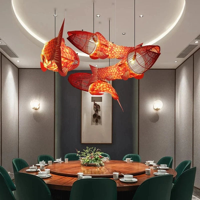 Suspension moderne en bois avec lumières gros poisson style chinois bambou créatif pour restaurant | Marco Lucetti