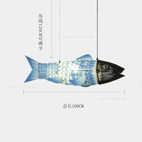 Suspension moderne en bois avec lumières gros poisson style chinois bambou créatif pour restaurant | Marco Lucetti Bleu 100cm