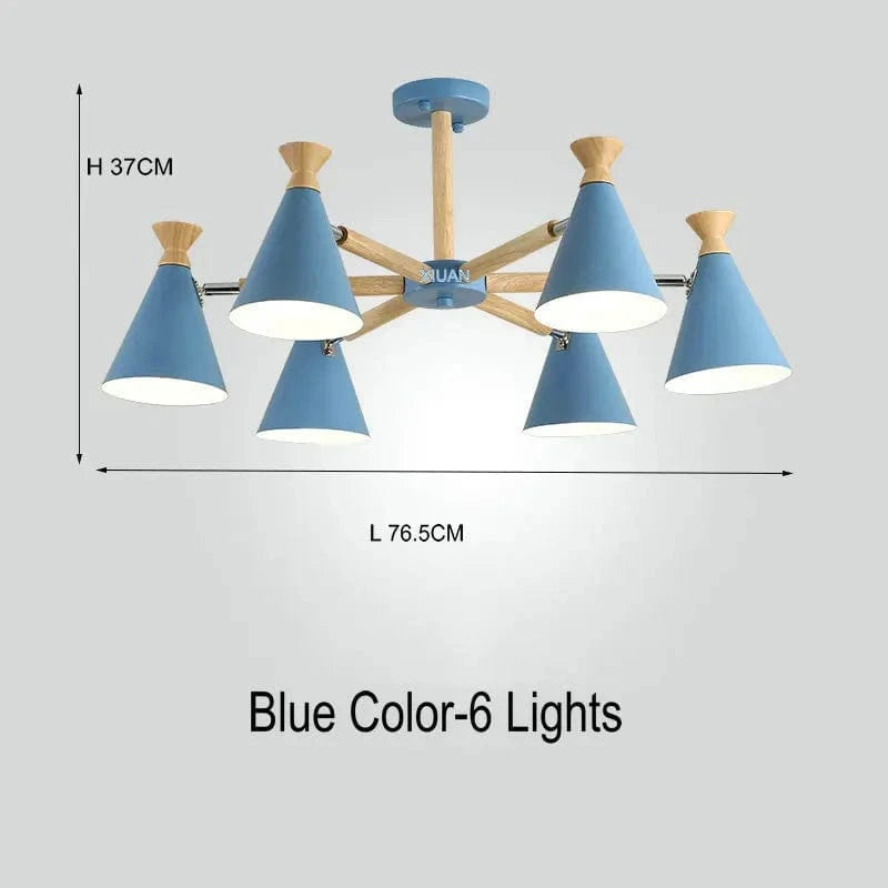 Suspension nordique en bois naturel | Marco Lucetti 6 lumières Bleu