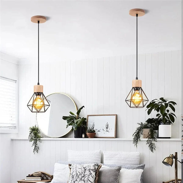 Suspension Vintage en Bois et Fer avec Cage et 3 Têtes - Éclairage Mini Plafonnier  | Marco Lucetti