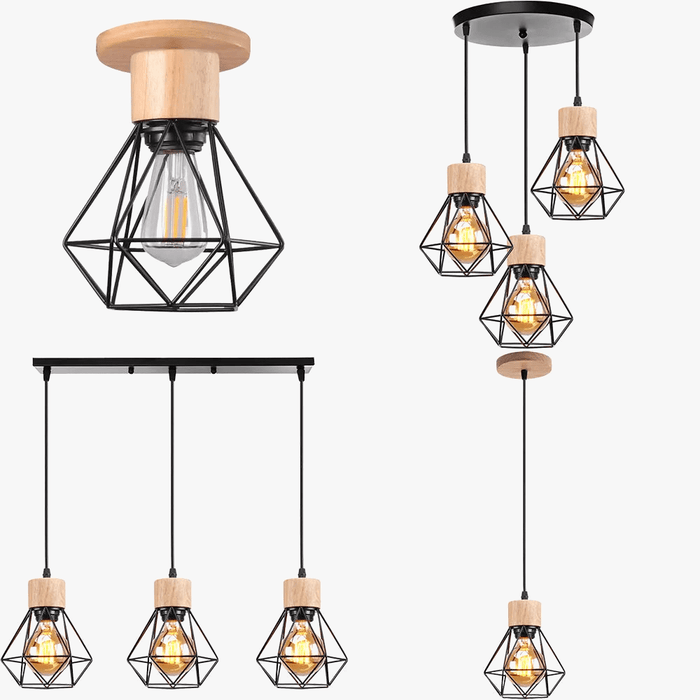 Suspension Vintage en Bois et Fer avec Cage et 3 Têtes - Éclairage Mini Plafonnier  | Marco Lucetti