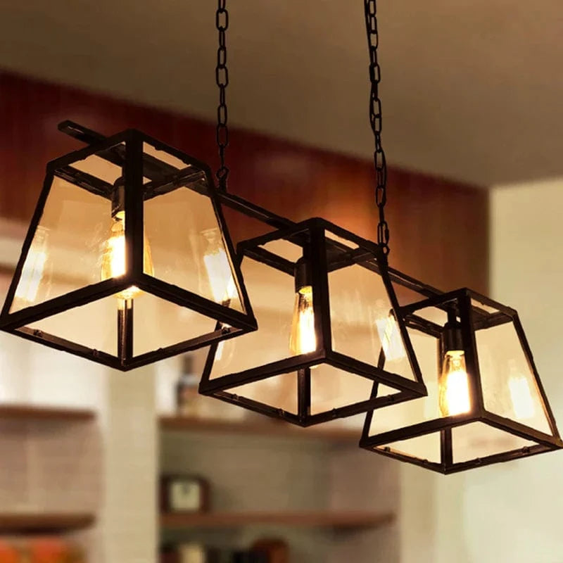 Suspension Vintage Industrielle LOFT en Verre et Fer Noir Triple Tête pour Restaurant Bar Internet Café | Marco Lucetti