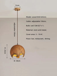 Suspension Wabi Sabi Nordique en résine pour Restaurant Japonais à LED E27 | Marco Lucetti Bois D30cm / Lumière chaude 3000K