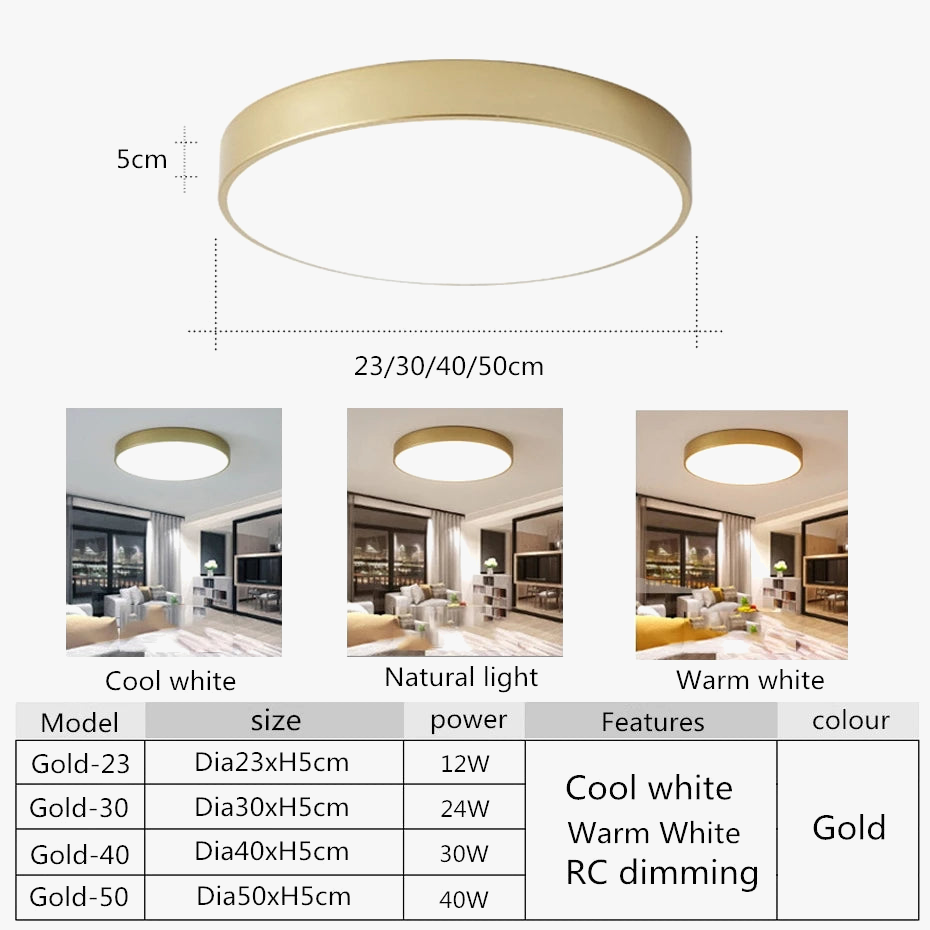 Plafonnier LED Ultra-mince Or 5 cm, Design Moderne, Télécommande - Idéal pour le Foyer et la Chambre