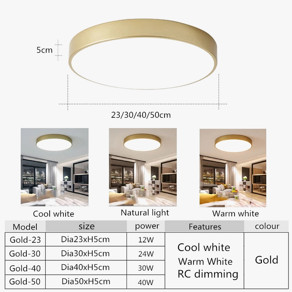 Plafonnier LED Ultra-mince Or 5 cm, Design Moderne, Télécommande - Idéal pour le Foyer et la Chambre