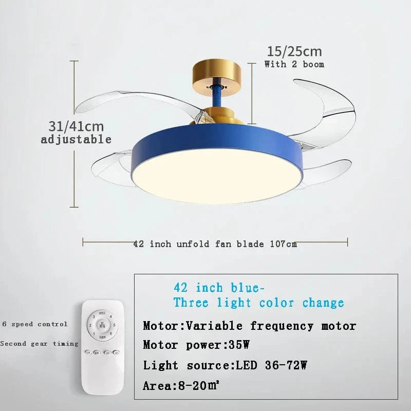 VENTILATEUR DE PLAFOND MODERNE 2024 - LUMIÈRES LED - TÉLÉCOMMANDE RECHARGEABLE | Marco Lucetti B bleu 42 pouces / 71-80W / 85-265V