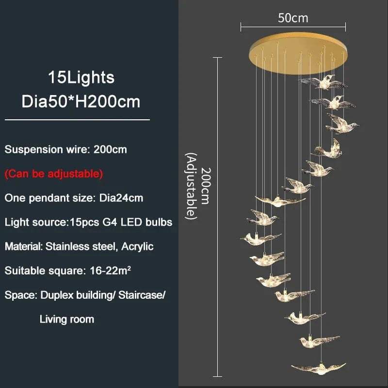 YOULAIKE - Lustre LED design pour escalier de luxe - Suspendu dans le salon - Spirale acrylique - Éclairage longue portée | Marco Lucetti 15 lumières / Lustre doré / Lumière chaude NON variable