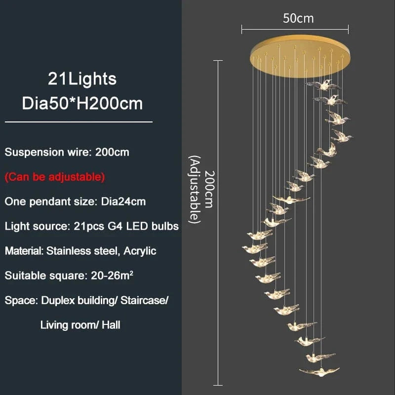 YOULAIKE - Lustre LED design pour escalier de luxe - Suspendu dans le salon - Spirale acrylique - Éclairage longue portée | Marco Lucetti 21 lumières / Lustre doré / Lumière chaude NON variable
